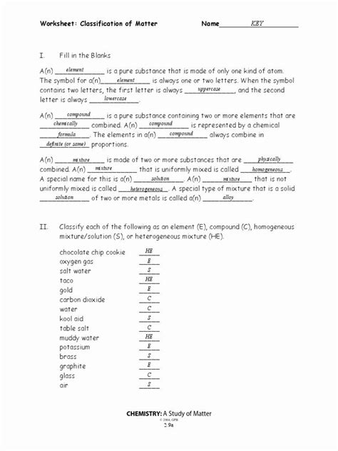 classification of matter worksheet fill in the blanks answer key